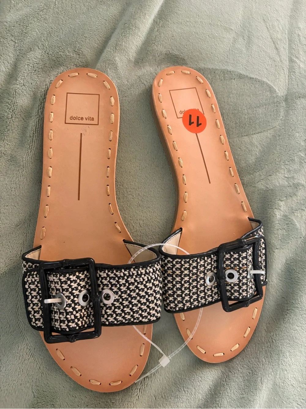 Dolce Vita Black and White Woven Buckle Slide Sandals with Tan Footbed